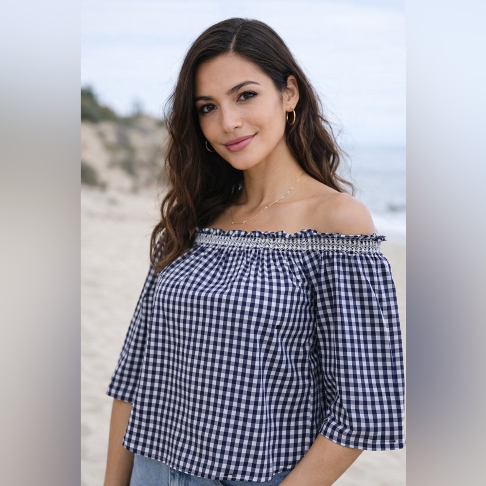 Madewell elastic neckline navy blue gingham top